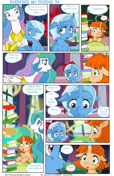 Size: 5738x8834 | Tagged: safe, artist:jeremy3, derpibooru import, princess celestia, trixie, oc, oc:flora, alicorn, pony, unicorn, comic:everfree, comic:everfree my friend, book, comic, female, filly, filly trixie, floppy ears, glow, glowing horn, hoof shoes, horn, image, jewelry, jpeg, open mouth, regalia, speech bubble, younger