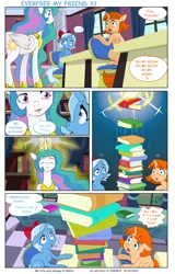 Size: 5749x8962 | Tagged: safe, artist:jeremy3, derpibooru import, princess celestia, trixie, oc, oc:flora, alicorn, pony, unicorn, comic:everfree, comic:everfree my friend, book, comic, female, filly, filly trixie, floppy ears, glow, glowing horn, hoof shoes, horn, image, jewelry, jpeg, open mouth, regalia, speech bubble, younger