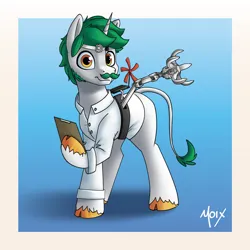 Size: 5000x5000 | Tagged: safe, artist:supermoix, derpibooru import, oc, oc:minty snow, pony, unicorn, beard, blue background, clipboard, clothes, coat, facial hair, gadget, green hair, image, lab coat, laboratory, long tail, looking at you, mechanical claw, moustache, png, scientist, simple background, solo, strap, tail, white coat