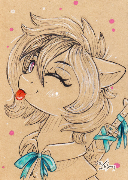 Size: 1240x1748 | Tagged: safe, artist:lailyren, derpibooru import, oc, oc:cuihua, unofficial characters only, earth pony, pony, :p, bust, cape, clothes, cute, female, image, jpeg, mare, one eye closed, portrait, simple background, sketch, solo, sword, tongue out, traditional art, weapon, wink