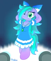 Size: 2597x3136 | Tagged: safe, artist:silvaqular, derpibooru import, on stage, oc, oc:cyanette, earth pony, semi-anthro, bipedal, bow, clothes, cyan, dress, earth pony oc, heterochromia, image, jewelry, lighting, necklace, pattern, png, pose, sfw, shading, stage, standing, standing on two hooves