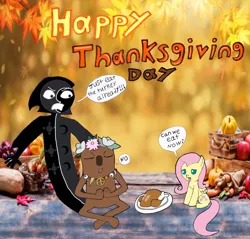 Size: 2547x2435 | Tagged: safe, derpibooru import, fluttershy, bird, turkey, bugsnax, crossover, holiday, image, jpeg, praying, shelda woolbag, thanksgiving, the collector, the owl house