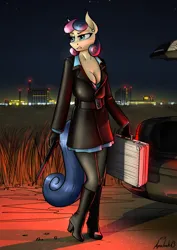 Size: 905x1280 | Tagged: suggestive, artist:apocheck13, derpibooru import, bon bon, sweetie drops, anthro, earth pony, boots, breasts, car, city, cityscape, cleavage, clothes, coat, female, gun, high heel boots, image, jpeg, night, shoes, solo, solo female, suitcase, weapon