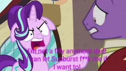 Size: 1280x720 | Tagged: safe, derpibooru import, edit, edited screencap, screencap, firelight, starlight glimmer, pony, unicorn, the parent map, abuse, angry, female, floppy ears, hoof pointing, image, implied sex, implied shipping, implied starburst, implied straight, jpeg, male, mare, open mouth, stallion, text, text edit, vulgar