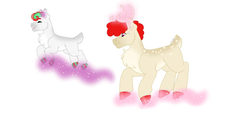 Size: 1280x640 | Tagged: safe, artist:itstechtock, derpibooru import, twist, oc, oc:peppermint swirl, deer, reindeer, image, jpeg, magic, older, simple background, white background