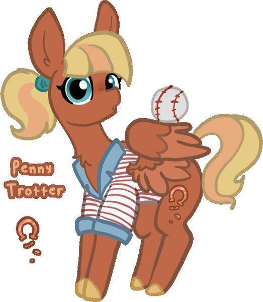 Size: 580x665 | Tagged: safe, artist:nootaz, derpibooru import, oc, oc:penny trotter, unofficial characters only, pegasus, pony, baseball, clothes, female, image, jpeg, looking at you, open mouth, ponytail, shirt, simple background, solo, sports, striped shirt, white background