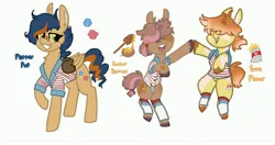 Size: 4096x2170 | Tagged: safe, artist:nootaz, derpibooru import, oc, oc:flitter pop, oc:sugar biscuit, oc:sun flour, unofficial characters only, earth pony, pegasus, pony, clothes, cutie mark, image, jpeg, open mouth, open smile, shirt, simple background, smiling, striped shirt, trio, white background