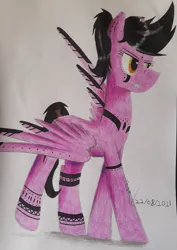 Size: 1752x2476 | Tagged: safe, artist:thecrimsonspark, derpibooru import, oc, oc:queen aiexos, unofficial characters only, black mane, image, jpeg, purple coat, reference, reference sheet, solo, tattoo, traditional art