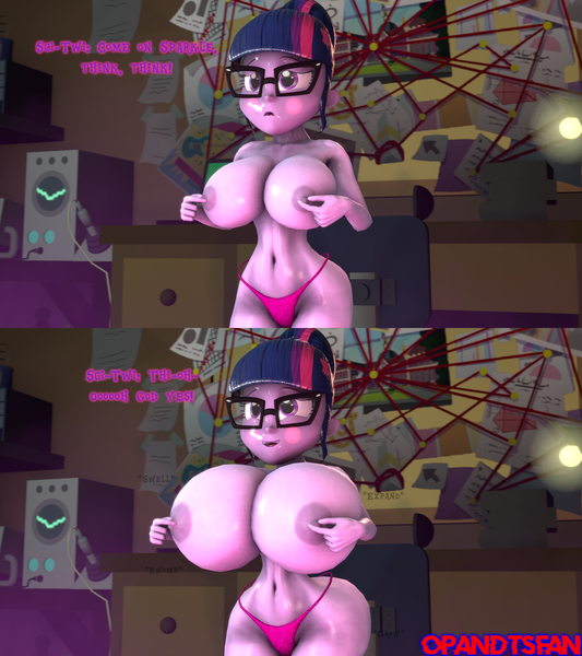 Size: 3840x4320 | Tagged: questionable, artist:optimussparkle, derpibooru import, sci-twi, twilight sparkle, equestria girls, 2 panel comic, 3d, big breasts, blushing, breast expansion, breasts, busty sci-twi, busty twilight sparkle, clothes, comic, curvy, female, glasses, growth, hourglass figure, huge breasts, image, impossibly large breasts, nipple pinch, nipples, nudity, panties, partial nudity, png, solo, solo female, source filmmaker, topless, underwear, wasp waist