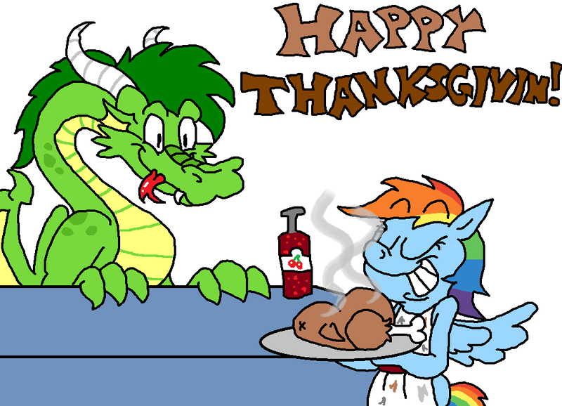 Size: 1024x740 | Tagged: safe, artist:dragonboi471, artist:rainbowdashsmailbag, derpibooru import, rainbow dash, oc, oc:turc grayson, bird, dragon, pegasus, turkey, apron, clothes, drink, holiday, image, non-mlp oc, png, simple background, soda, thanksgiving, white background