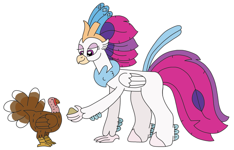 Size: 3138x2016 | Tagged: safe, artist:supahdonarudo, derpibooru import, queen novo, bird, classical hippogriff, hippogriff, turkey, my little pony: the movie, bird seed, feeding, holiday, image, offering, png, simple background, thanksgiving, transparent background