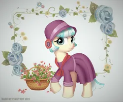 Size: 1616x1336 | Tagged: safe, artist:vinilyart, derpibooru import, coco pommel, earth pony, pony, basket, cloche hat, clothes, cocobetes, cute, dress, eyebrows, eyebrows visible through hair, female, flower, hat, image, mare, png, raised hoof, shawl, solo, vintage