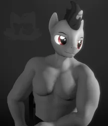 Size: 930x1080 | Tagged: suggestive, artist:yrbertthecat, derpibooru import, oc, oc:enigan, anthro, unicorn, 3d, chair, clothes, gigachad, image, male, male nipples, meme, muscles, nipples, nudity, partial nudity, png, poster, red eyes, request, shorts, simple background, solo, solo male, source filmmaker, watermark