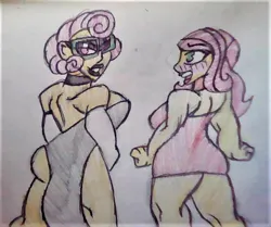 Size: 1964x1645 | Tagged: suggestive, artist:midday sun, derpibooru import, fluttershy, posey shy, human, equestria girls, blushing, blushing profusely, choker, clothes, cuckolding, cuckquean, dress, female, glasses, gloves, image, jpeg, milf, mother and child, mother and daughter, traditional art