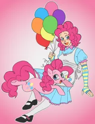 Size: 924x1210 | Tagged: safe, artist:mechanakal, derpibooru import, pinkie pie, earth pony, human, pony, apron, arm warmers, balloon, blushing, clothes, cute, cutie mark, cutie mark on clothes, derpibooru exclusive, diapinkes, dress, duo, duo female, female, floating, frilly dress, gradient background, humanized, image, looking sideways, mare, open mouth, open smile, outline, pink hair, png, self paradox, self ponidox, shoes, smiling, socks, stockings, thigh highs, underhoof, white outline