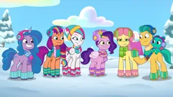 Size: 3072x1727 | Tagged: safe, derpibooru import, screencap, hitch trailblazer, izzy moonbow, pipp petals, posey (g5), sparky sparkeroni, sunny starscout, zipp storm, dragon, earth pony, pegasus, pony, unicorn, my little pony: tell your tale, spoiler:g5, spoiler:my little pony: tell your tale, spoiler:tyts01e37, baby, baby dragon, clipboard, female, g5, grin, image, jpeg, male, mane five (g5), mare, smiling, snow, snow pun intended, stallion, youtube link