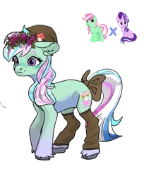 Size: 991x1216 | Tagged: safe, artist:crumbelinadicarmello, derpibooru import, minty, starlight glimmer, oc, earth pony, pony, avatar maker fantasy pony, beanie, blue mane, bow, clothes, cottagecore, female, floral head wreath, flower, freckles, fusion, g3, g4, gradient legs, green coat, hat, image, leg warmers, multicolored coat, multicolored mane, mushroom, pastel, pink mane, png, solo, tail, tail bow, unshorn fetlocks