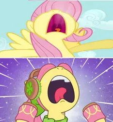 Size: 1280x1376 | Tagged: safe, derpibooru import, edit, edited screencap, screencap, fluttershy, posey (g5), earth pony, pegasus, pony, my little pony: tell your tale, putting your hoof down, spoiler:g5, spoiler:my little pony: tell your tale, spoiler:tyts01e37, cropped, female, fluttershy can't catch a break, g5, image, looking up, mare, mawshot, nose in the air, open mouth, png, posey can't catch a break, raised hoof, raised hooves, snow pun intended, solo, spoilers for another series, uvula, yelling