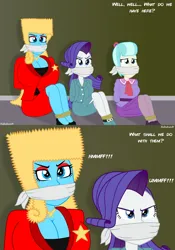 Size: 1920x2743 | Tagged: safe, artist:robukun, derpibooru import, coco pommel, rarity, oc, oc:tatiana, equestria girls, bondage, bound and gagged, cloth gag, dialogue, female, gag, image, jpeg, kidnapped, muffled words, struggling, tied up