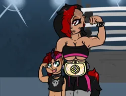 Size: 1300x1000 | Tagged: safe, artist:lazerblues, derpibooru import, oc, oc:bella, oc:devil sky, satyr, breasts, championship belt, collar, female, flexing muscles, image, mother and child, offspring, parent:oc:bella, parent:oc:miss eri, png, underboob, undercut, wrestling ring