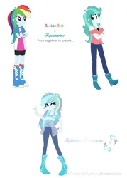 Size: 854x1192 | Tagged: safe, artist:prettycelestia, rainbow dash, oc, oc:aquamarine, equestria girls, boots, bracelet, fusion, high heel boots, image, jewelry, long pants, png, separated jakect, shoes