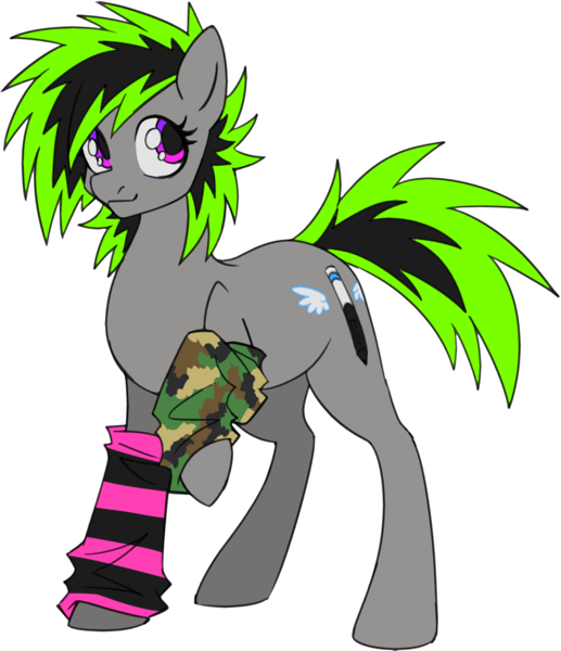 Size: 1200x1392 | Tagged: safe, artist:mechanakal, derpibooru import, oc, oc:raziel, ponified, unofficial characters only, earth pony, pony, derpibooru community collaboration, 2023 community collab, arm warmers, camouflage, clothes, derpibooru exclusive, gradient eyes, gray coat, image, needs more saturation, neon, png, ponified oc, raised hoof, smiling, solo, spikey mane, stripes, two toned mane, wacom