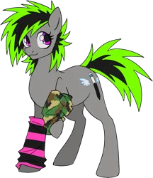 Size: 1200x1392 | Tagged: safe, artist:mechanakal, derpibooru import, oc, oc:raziel, ponified, unofficial characters only, earth pony, pony, derpibooru community collaboration, 2023 community collab, arm warmers, camouflage, clothes, derpibooru exclusive, gradient eyes, gray coat, image, needs more saturation, neon, png, ponified oc, raised hoof, smiling, solo, spikey mane, stripes, two toned mane, wacom