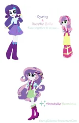 Size: 806x1252 | Tagged: safe, artist:prettycelestia, derpibooru import, rarity, sweetie belle, equestria girls, belt buckle, boots, clothes, four arms, fusion, headband, high heel boots, image, jewelry, long hair, long skirt, png, ring, shoes, skirt