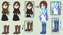 Size: 639x357 | Tagged: artist needed, source needed, safe, derpibooru import, oc, oc:fifth spirit, unofficial characters only, equestria girls, belt, boots, clothes, coat, crystal guardian, dress, female, freckles, high heel boots, image, jpeg, reference sheet, shoes, simple background, skirt, solo, transparent background