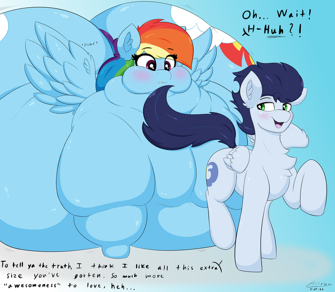 Size: 3100x2700 | Tagged: questionable, artist:astrum, derpibooru import, rainbow dash, soarin', pegasus, pony, abstract background, bedroom eyes, belly, big belly, bingo wings, blushing, butt, chest fluff, chubby cheeks, digital art, fat, fat legs, female, flabby chest, flustered, huge belly, huge butt, image, impossibly large belly, impossibly large butt, jiggle, large butt, lidded eyes, male, morbidly obese, near immobile, neck roll, obese, onomatopoeia, open mouth, open smile, png, pomf, rainblob dash, rainbutt dash, raised hoof, rolls of fat, seduction, seductive, seductive look, shipping, shocked, shocked expression, size difference, smiling, soarindash, spread wings, straight, stretched cutie mark, surprised, tail, tail seduce, talking, thighs, thunder thighs, tubby wubby pony waifu, wide hips, wingboner, wings, wobbling