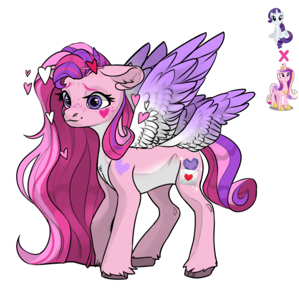 Size: 1080x1080 | Tagged: safe, artist:crumbelinadicarmello, derpibooru import, oc, pegasus, pony, avatar maker fantasy pony, colored wings, curly mane, facial markings, female, freckles, g4, gradient wings, hairpin, heart, image, letter, long mane, love letter, lovecore, magical lesbian spawn, multiple wings, oc focus, offspring, parent:princess cadance, parent:rarity, pink mane, png, red mane, shy, solo focus, wings