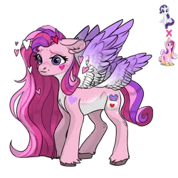 Size: 1080x1080 | Tagged: safe, artist:crumbelinadicarmello, derpibooru import, oc, pegasus, pony, avatar maker fantasy pony, colored wings, curly mane, facial markings, female, freckles, g4, gradient wings, hairpin, heart, image, letter, long mane, love letter, lovecore, magical lesbian spawn, multiple wings, oc focus, offspring, parent:princess cadance, parent:rarity, pink mane, png, red mane, shy, solo focus, wings