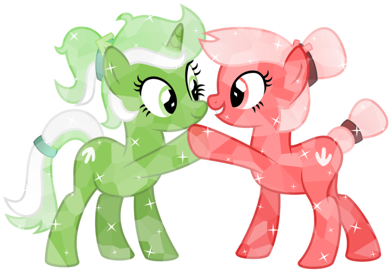 Size: 2500x1750 | Tagged: safe, artist:melisareb, derpibooru import, oc, oc:downvote, oc:upvote, ponified, unofficial characters only, crystal pony, earth pony, pony, unicorn, derpibooru, .svg available, base used, derpibooru exclusive, derpibooru ponified, duo, female, hoofbump, image, looking at each other, looking at someone, mare, meta, png, ponytail, simple background, smiling, the crystal empire 10th anniversary, transparent background, vector