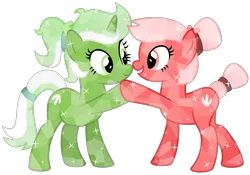 Size: 2500x1750 | Tagged: safe, artist:melisareb, derpibooru import, oc, oc:downvote, oc:upvote, ponified, unofficial characters only, crystal pony, earth pony, pony, unicorn, derpibooru, .svg available, base used, derpibooru exclusive, derpibooru ponified, duo, female, hoofbump, image, looking at each other, looking at someone, mare, meta, png, ponytail, simple background, smiling, the crystal empire 10th anniversary, transparent background, vector