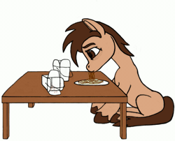 Size: 797x643 | Tagged: safe, artist:dsb71013, derpibooru import, oc, oc:night cap, unofficial characters only, earth pony, pony, animated, ear twitch, food, gif, image, noodles, table, vent art