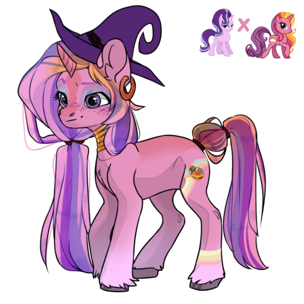 Size: 1150x1150 | Tagged: safe, artist:crumbelinadicarmello, derpibooru import, rainbow flash, starlight glimmer, oc, pony, unicorn, avatar maker fantasy pony, blaze (coat marking), choker, coat markings, ear piercing, earring, eyeshadow, facial markings, freckles, fusion, g4, hat, image, jewelry, lidded eyes, makeup, multicolored mane, piercing, pink coat, png, ponytail, potion, purple eyes, sassy, simple background, solo, striped mane, stripes, transparent background, unshorn fetlocks, witch, witch hat