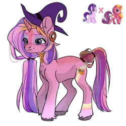 Size: 1150x1150 | Tagged: safe, artist:crumbelinadicarmello, derpibooru import, rainbow flash, starlight glimmer, oc, pony, unicorn, avatar maker fantasy pony, blaze (coat marking), choker, coat markings, ear piercing, earring, eyeshadow, facial markings, freckles, fusion, g4, hat, image, jewelry, lidded eyes, makeup, multicolored mane, piercing, pink coat, png, ponytail, potion, purple eyes, sassy, simple background, solo, striped mane, stripes, transparent background, unshorn fetlocks, witch, witch hat