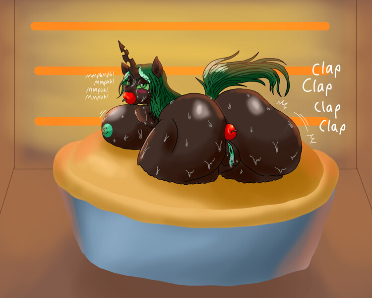 Size: 1280x1024 | Tagged: explicit, semi-grimdark, artist:cookingart, derpibooru import, queen chrysalis, anthro, changeling, angry, apple, apple gag, ass, blushing, breasts, butt, clapping cheeks, cooked alive, cooking, cooking a changeling, cooking a person, cooking vore, food, gag, image, implied cannibalism, implied vore, jpeg, nipples, nudity, oven, pie, request, revenge, sweat, vulva