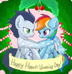 Size: 1215x1249 | Tagged: safe, artist:celedash, derpibooru import, rainbow dash, soarin', pegasus, pony, blushing, christmas, clothes, female, hearth's warming eve, holiday, hoof hold, image, looking at each other, looking at someone, male, mare, png, romantic, scarf, shipping, soarindash, stallion, straight