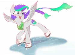 Size: 1416x1037 | Tagged: safe, artist:melodylibris, derpibooru import, oc, oc:lony, unofficial characters only, bat pony, pony, bat pony oc, bat wings, clothes, female, ice, ice skates, ice skating, image, jpeg, mare, open mouth, open smile, scarf, simple background, smiling, solo, spread wings, striped scarf, white background, wings