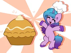 Size: 4848x3613 | Tagged: safe, artist:kittyrosie, derpibooru import, izzy moonbow, pony, unicorn, chef's hat, cute, daaaaaaaaaaaw, eyes closed, food, g5, happy, hat, image, izzybetes, open mouth, open smile, pie, png, pumpkin pie, smiling, solo