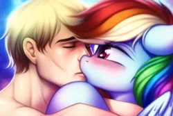 Size: 768x512 | Tagged: safe, ai content, derpibooru import, machine learning generated, novelai, stable diffusion, rainbow dash, oc, human, pegasus, pony, g4, blushing, canon x oc, duo, female, hugging a pony, human on pony action, image, interspecies, kiss on the lips, kissing, male, mare, png, prompter:ada, straight