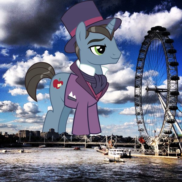 Size: 1392x1392 | Tagged: safe, artist:pink1ejack, derpibooru import, pony, unicorn, background pony, clothes, england, ferris wheel, giant pony, giant unicorn, hat, highrise ponies, image, james moriarty, jpeg, london, macro, male, mega giant, stallion, top hat, united kingdom