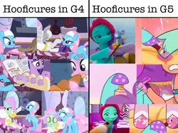 Size: 2048x1536 | Tagged: safe, derpibooru import, edit, edited screencap, screencap, cranky doodle donkey, hitch trailblazer, lotus blossom, ms. harshwhinny, princess celestia, queen haven, rarity, sunny starscout, twilight sparkle, donkey, earth pony, pony, unicorn, games ponies play, green isn't your color, mane melody, my little pony: make your mark, my little pony: make your mark chapter 2, my little pony: tell your tale, ponyville confidential, rarity's biggest fan, spoiler:g5, spoiler:interseason shorts, spoiler:my little pony: tell your tale, spoiler:tyts01e05, spoiler:tyts01e27, all that jazz, cake, clothes, comparison, confused, cropped, dahlia, female, flower, food, g4, g5, hat, hoof polish, hooficure, hooves, image, jazz (g5), jazz has no ears, looking at someone, male, mane melody (place), mare, nail file, newspaper, no ears, offscreen character, png, portrait of a princess, sitting, spray can, stallion, stars, text