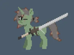 Size: 1376x1024 | Tagged: safe, artist:longsword, derpibooru import, oc, oc:longsword, unofficial characters only, pony, unicorn, abstract background, belt, derpibooru exclusive, eye scar, facial scar, female, greatsword, hair tie, image, mare, pixel art, png, scabbard, scar, solo, standing, sword, weapon