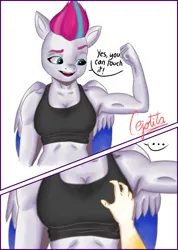 Size: 729x1024 | Tagged: suggestive, artist:cjv2004, derpibooru import, hitch trailblazer, zipp storm, anthro, earth pony, pegasus, g5, ..., biceps, breast grab, breasts, clothes, english, faceless male, female, flexing, grope, image, male, misinterpretation, muscles, muscular female, offscreen character, png, simple background, sports bra, touching, white background