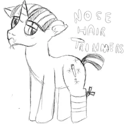 Size: 1953x1944 | Tagged: safe, artist:tigerbeetle, derpibooru import, oc, oc:nosehair trimmers, unofficial characters only, pony, unicorn, no second prances, bandage, cutie mark, depressed, derpibooru exclusive, exclamation point, frown, image, implied cranky doodle donkey, male, png, scruff, short tail, simple background, sketch, spark, stallion, tail, torn ear, white background