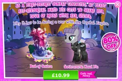 Size: 1960x1300 | Tagged: safe, derpibooru import, official, king sombra, maud pie, earth pony, pony, unicorn, advertisement, alternate hairstyle, alternate timeline, armor, bush, bust, clothes, costs real money, crystal, crystal war timeline, english, female, gameloft, image, jpeg, mare, numbers, pouch, rock, sale, solo, solo focus, sombraverse, statue, text