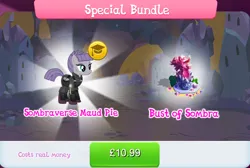 Size: 1268x854 | Tagged: safe, derpibooru import, official, king sombra, maud pie, earth pony, pony, unicorn, alternate hairstyle, alternate timeline, armor, bundle, bush, bust, clothes, costs real money, crystal, crystal war timeline, english, female, gameloft, image, jpeg, mare, numbers, pouch, rock, sale, solo, solo focus, sombraverse, statue, text