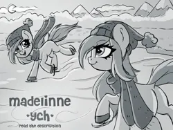 Size: 1600x1200 | Tagged: safe, artist:madelinne, derpibooru import, pony, black and white, clothes, commission, duo, grayscale, hat, image, monochrome, png, scarf, skating, sketch, winter, ych sketch, your character here